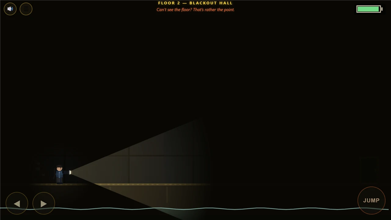a pitch-black floor lit only by the flashlight cone, revealing a sliver of walkway over the rising water