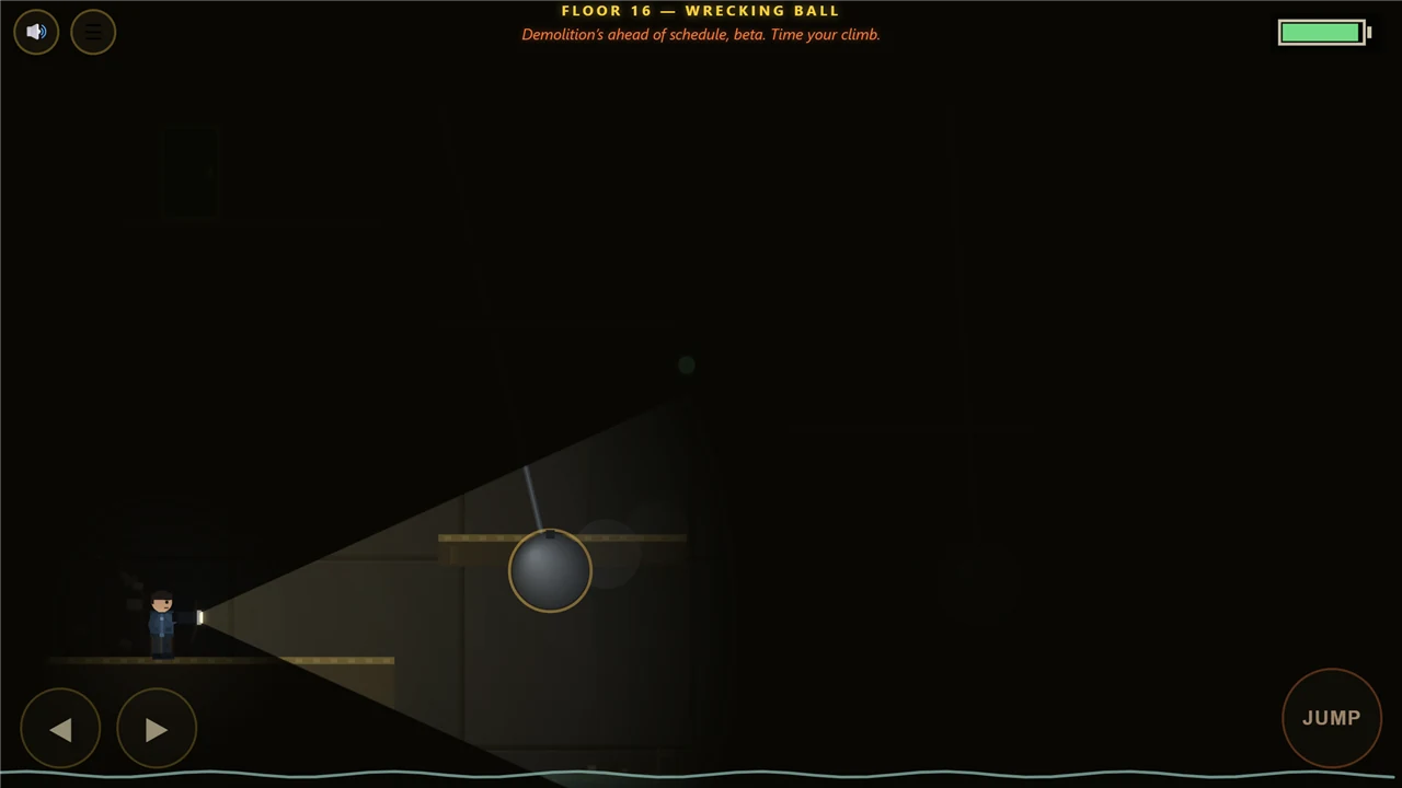 the flashlight beam catches a giant wrecking ball swinging on a chain across the corridor
