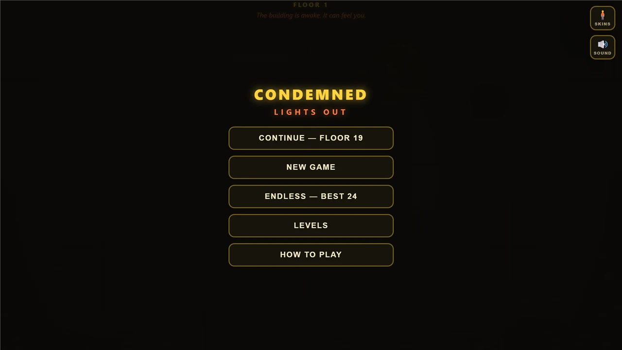 the main menu — the glowing CONDEMNED: LIGHTS OUT title over continue, new game, endless, levels and how-to-play