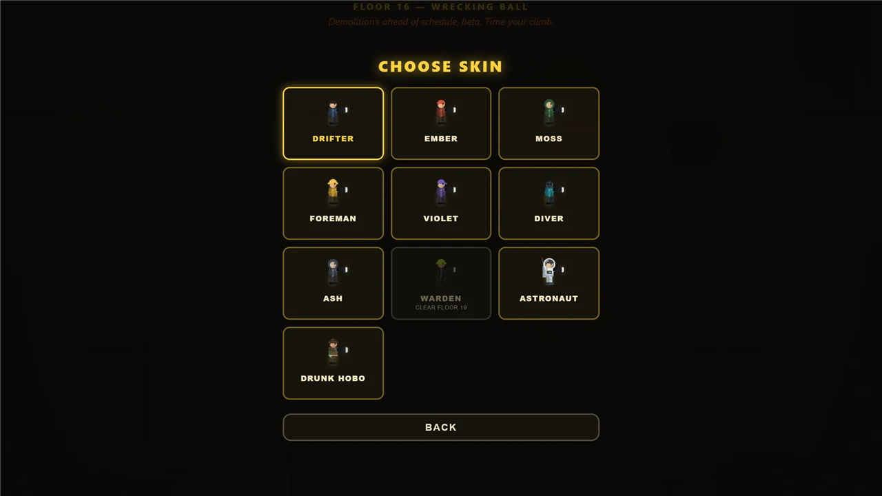 the choose-skin screen — eight characters like drifter, ember, diver and astronaut, some unlocked by progress