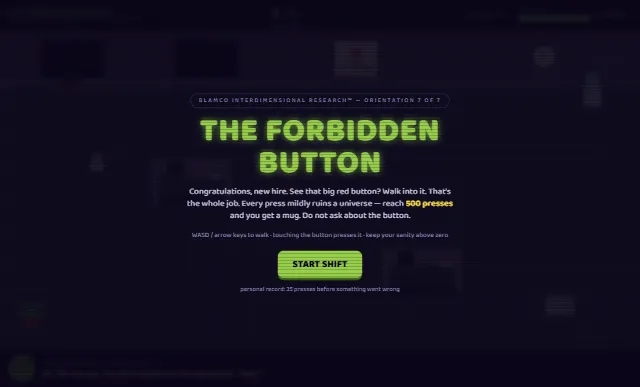 the forbidden button title screen — glowing green lettering over a dim office with a big red button