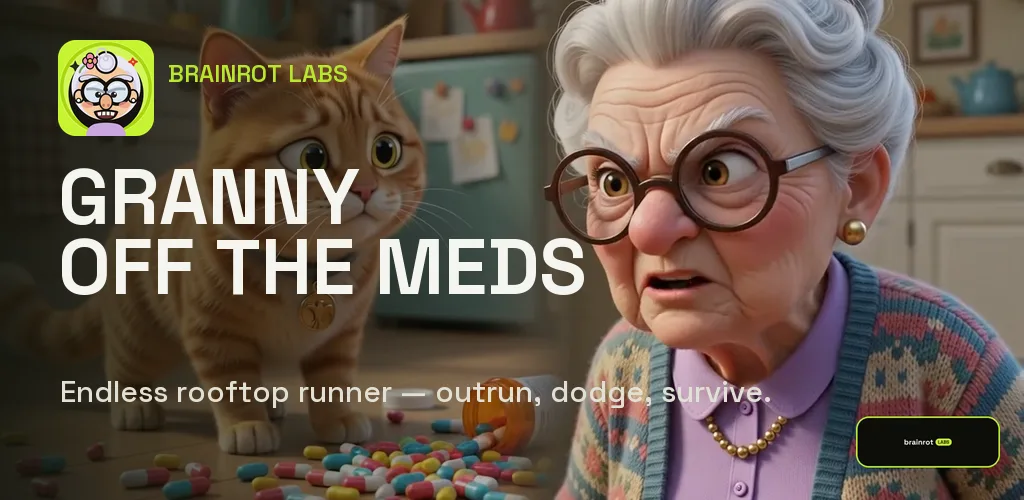 granny off the meds — a furious bespectacled nana and the ginger cat that swiped her pill bottle, pills scattered across the kitchen floor