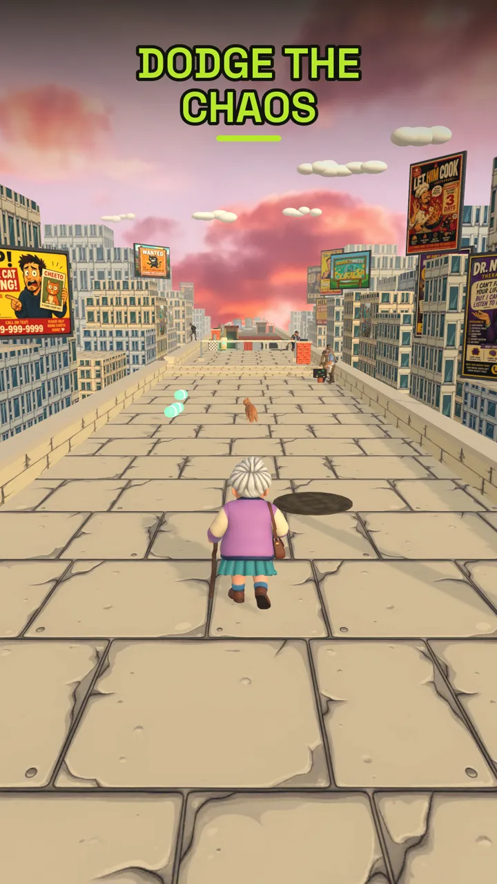gameplay — nana threading past an open manhole toward a line of pill pickups