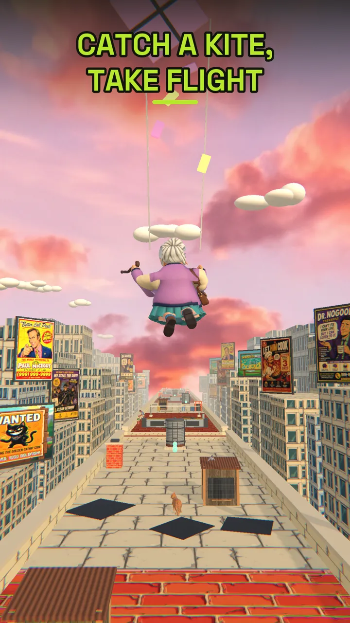 kite power-up — nana airborne over the skyline, hanging off a kite string above the rooftops