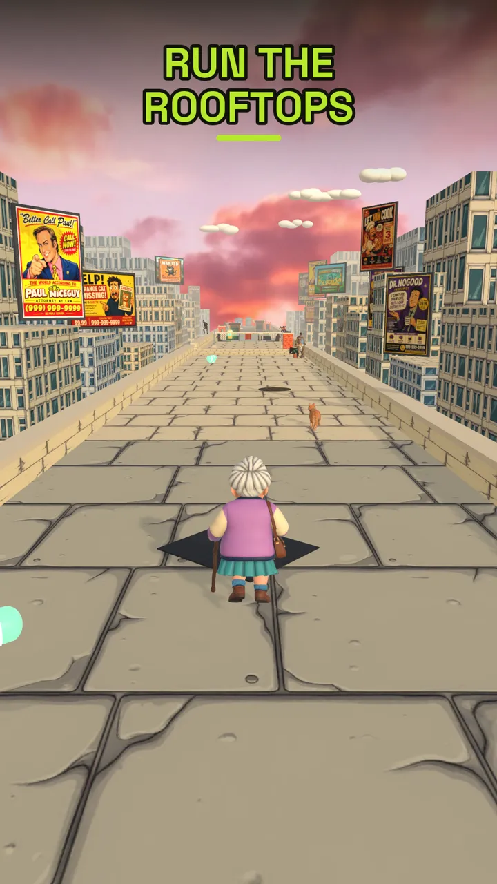 gameplay — nana sprinting down a sunset rooftop lined with billboards, the ginger cat bolting ahead of her