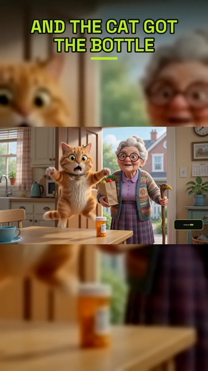the setup — a panicked ginger cat leaping off the kitchen table where the pill bottle sits, nana in the doorway with her groceries