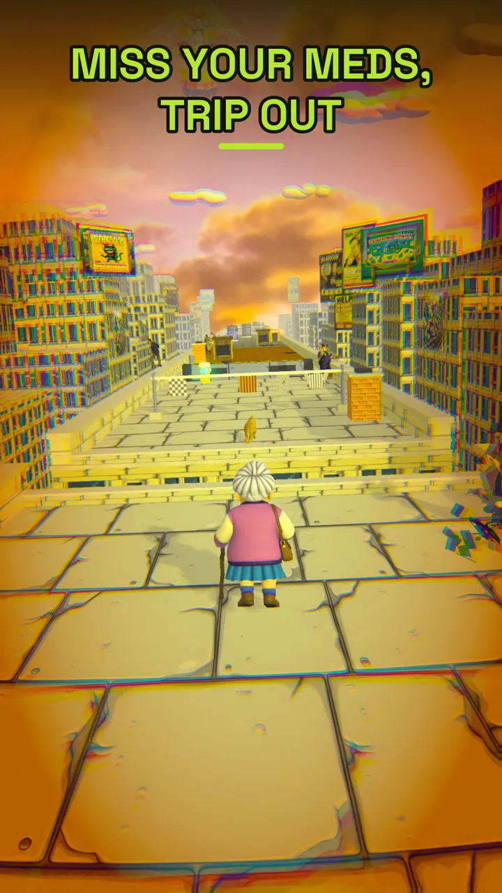 dizzy spell — the same rooftop drenched in acid yellow with the buildings smearing and doubling