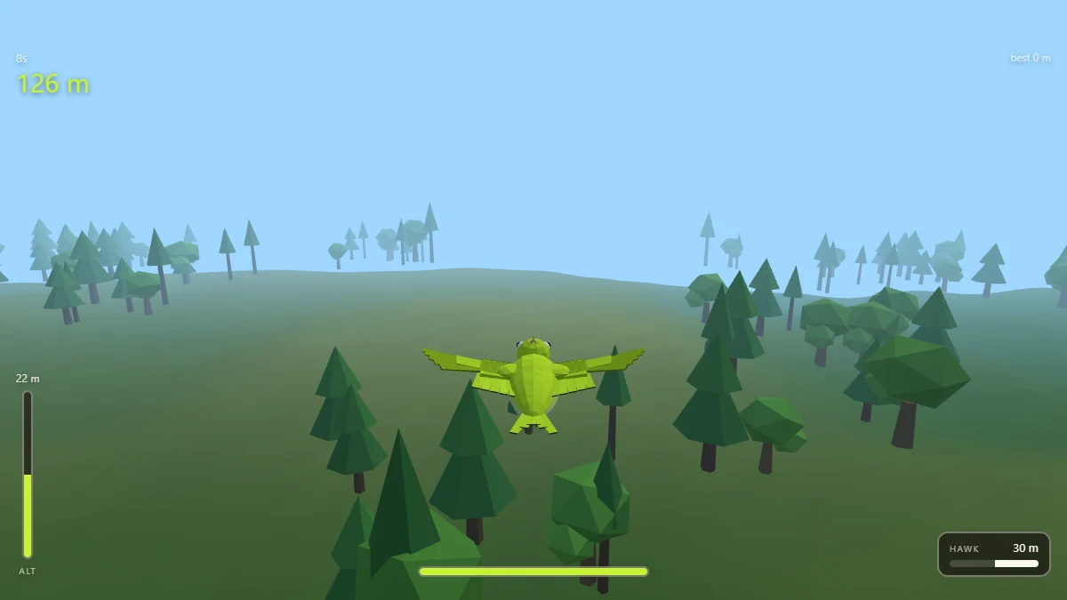 Normal flight — the lime prey bird gliding with wings spread over pines, the altitude gauge on the left and the hawk meter bottom right
