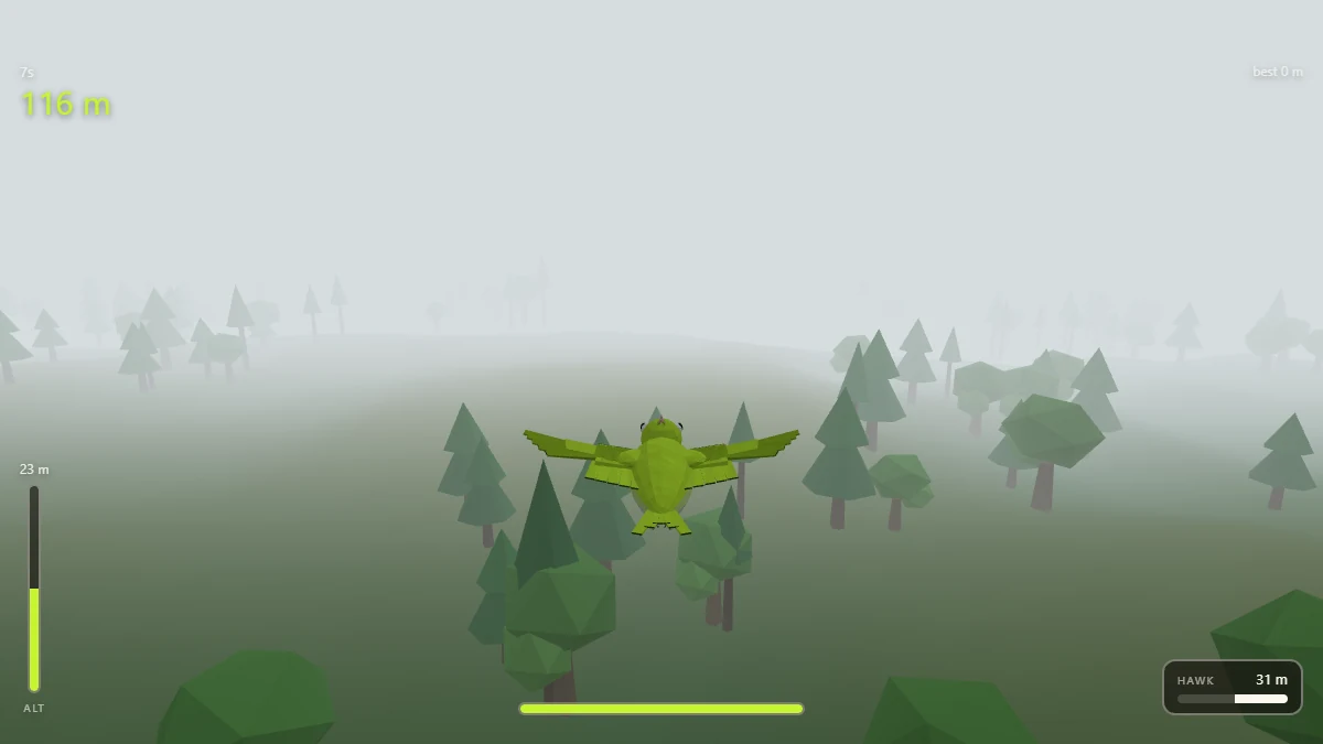 The same forest in thick fog — trees dissolving into white a short way ahead of the bird
