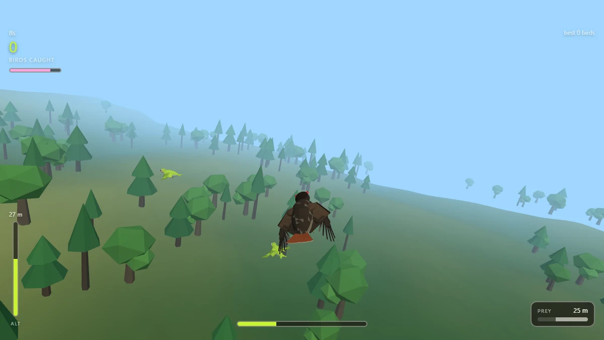 Hunt mode — the dark hawk in a stoop with its wings tucked back, a small lime prey bird ahead of it over the forest and a mountain, and the prey meter reading 25 m in the bottom right
