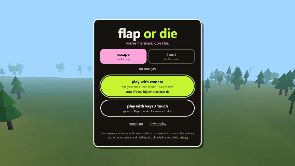 Just Flap Bro title screen — the escape and hunt mode buttons above the choice between playing with your camera and playing with keys, over a low-poly forest