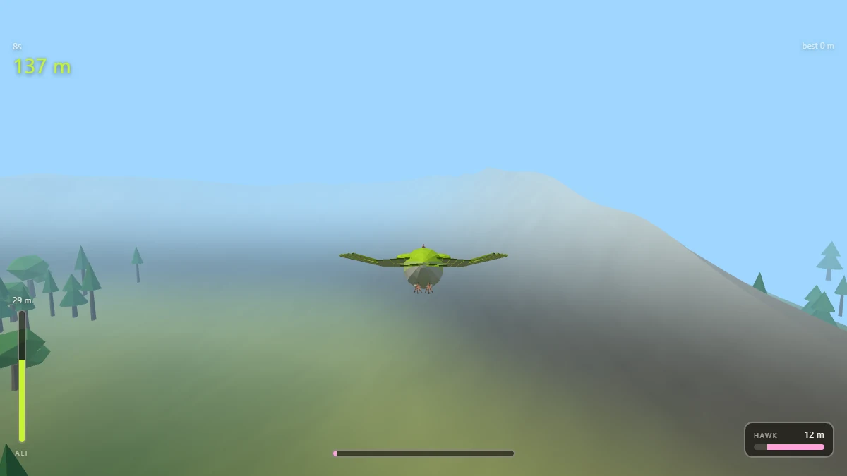A bare rock mountainside rising out of the fog above the treeline, with the bird climbing toward it and its stamina bar almost empty
