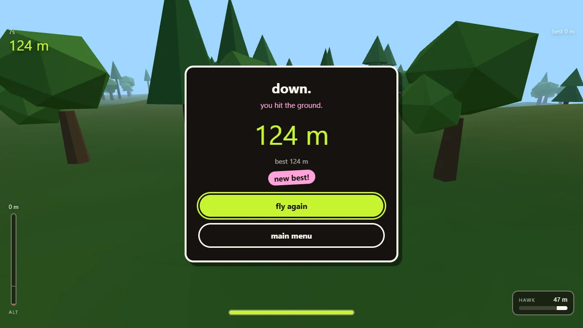 Game over screen — the run ended in the trees, showing the distance flown and the best score