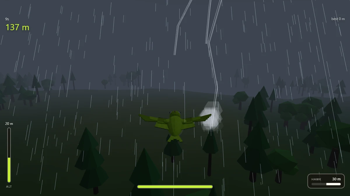 A thunderstorm over the forest — heavy rain, a black sky, a forked lightning bolt coming down on a pine and smoke rising from where it hit