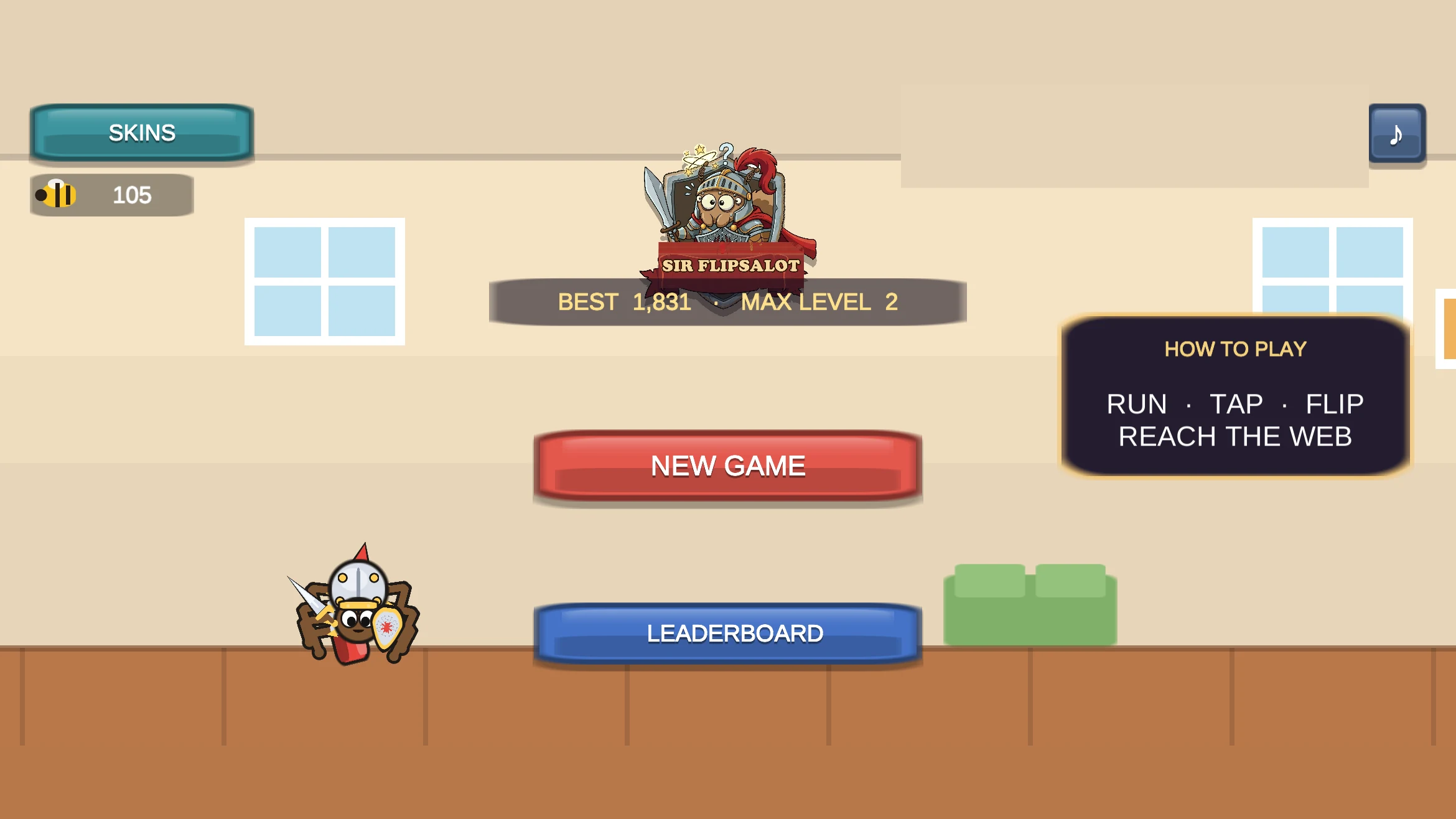 sir flipsalot main menu — new game, leaderboard, and a how-to-play card reading run · tap · flip · reach the web