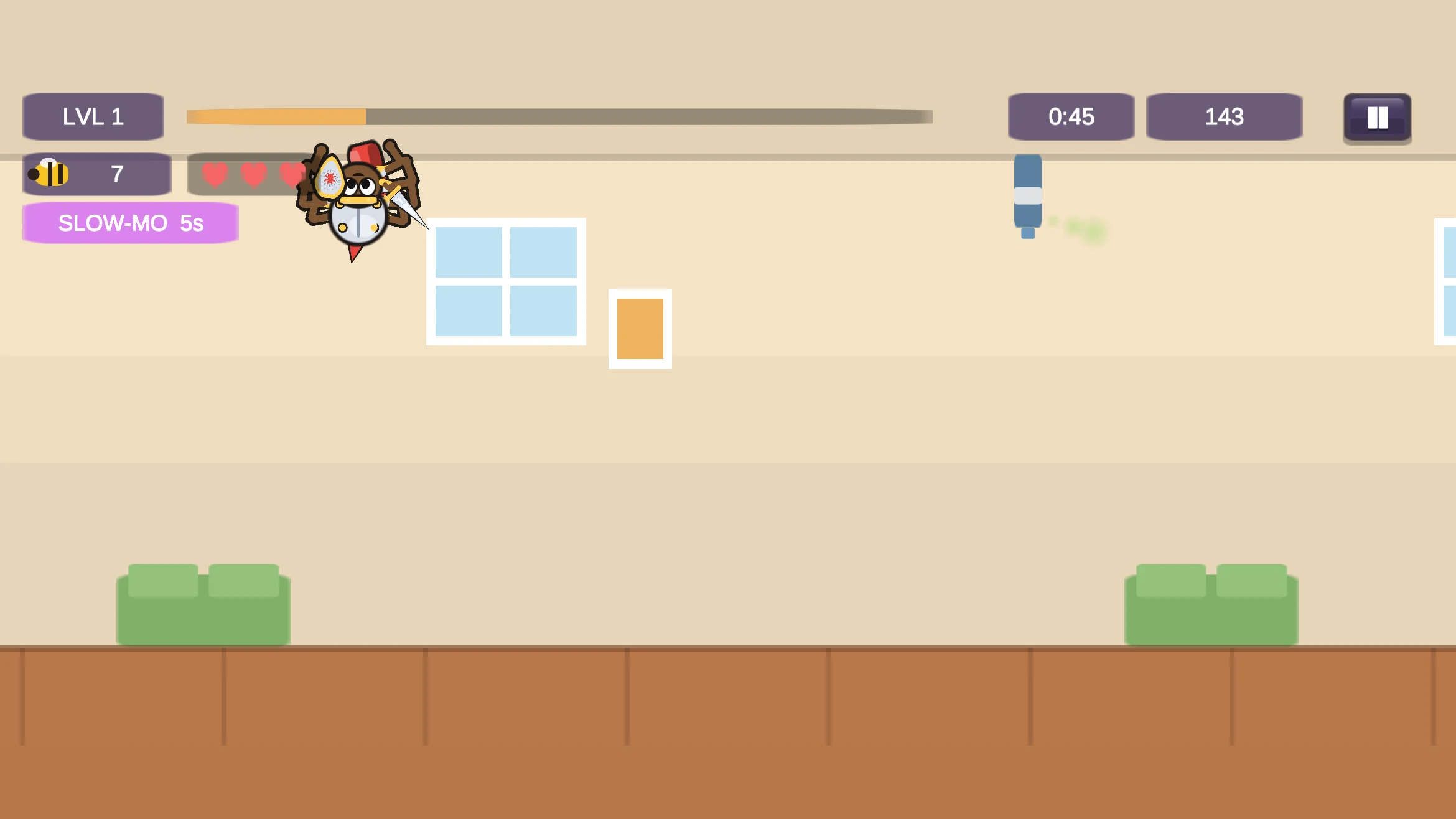 gameplay — the knight spider runs upside-down along the ceiling with a slow-mo power-up active and a bug-spray hazard ahead