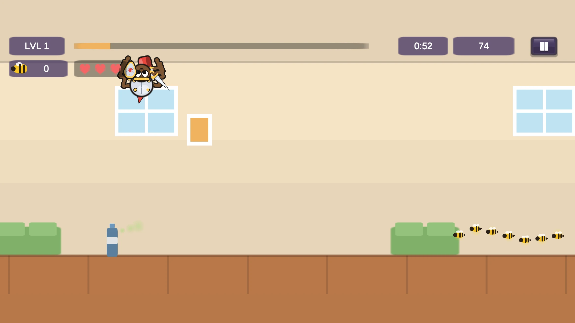 gameplay — the spider chases a trail of bees across the floor while dodging a bug-spray bottle
