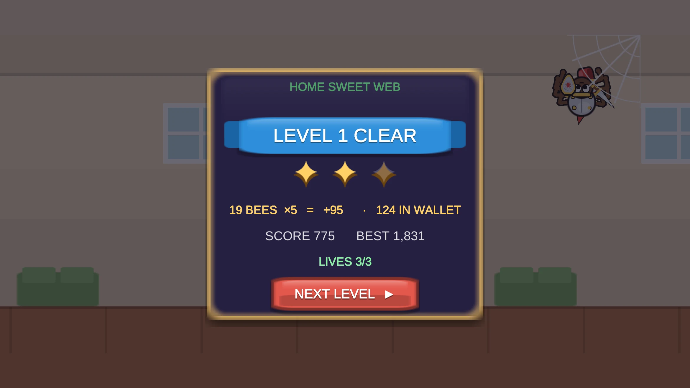level 1 clear screen — home sweet web, three stars, bees collected, score and best
