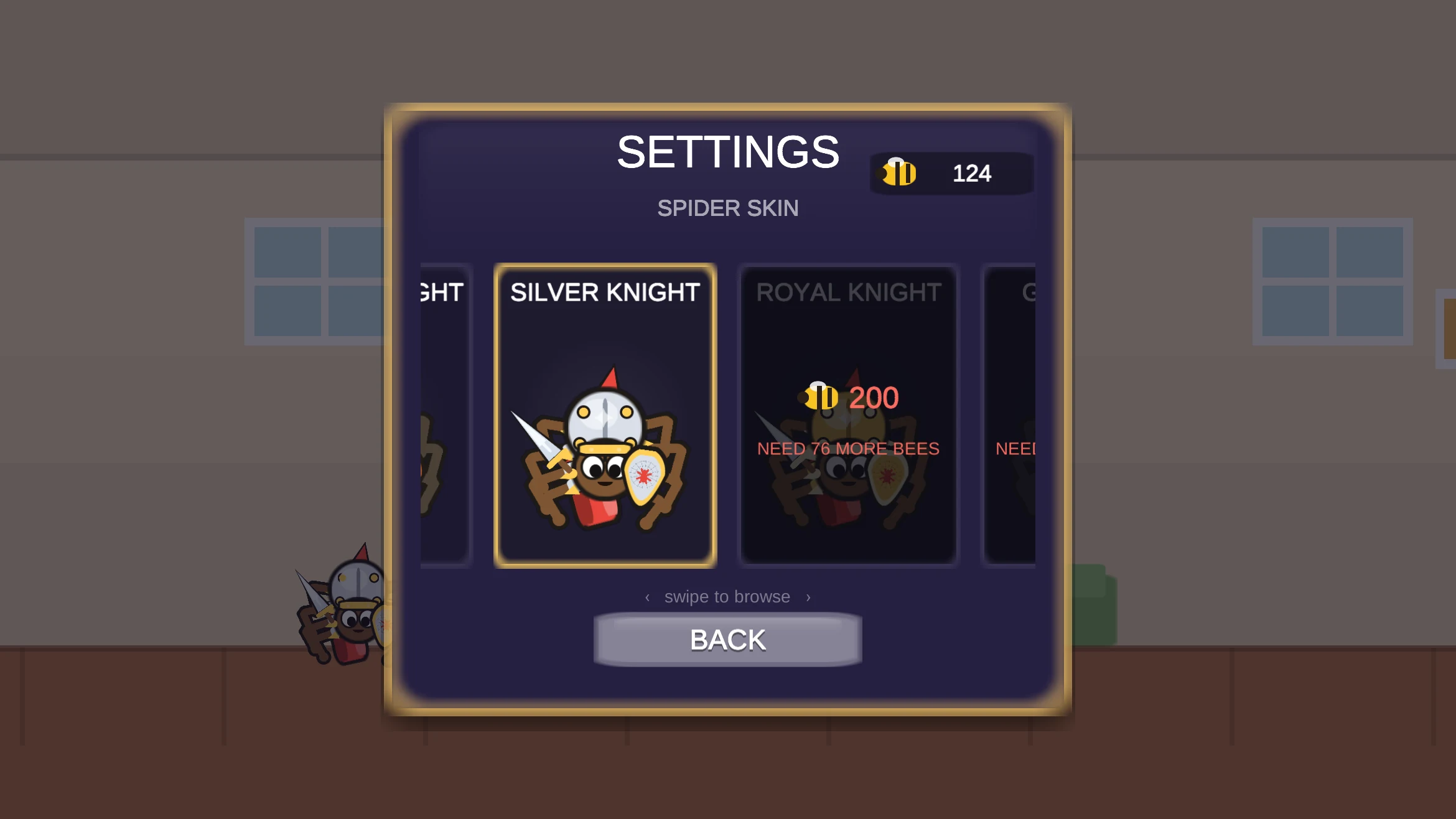 spider skins menu — silver knight equipped, royal knight unlockable with bees