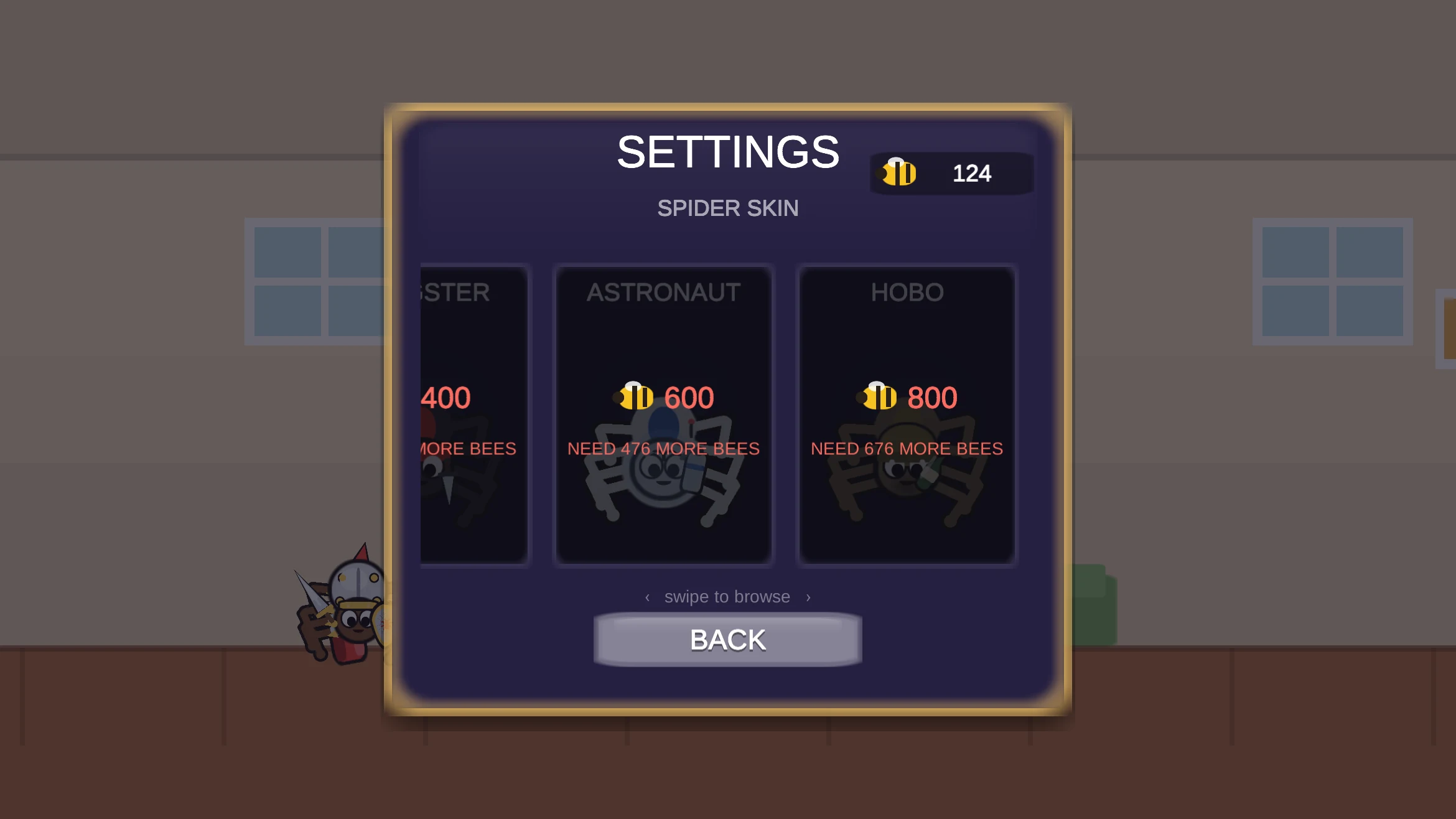 more spider skins — astronaut and hobo skins unlocked by collecting bees