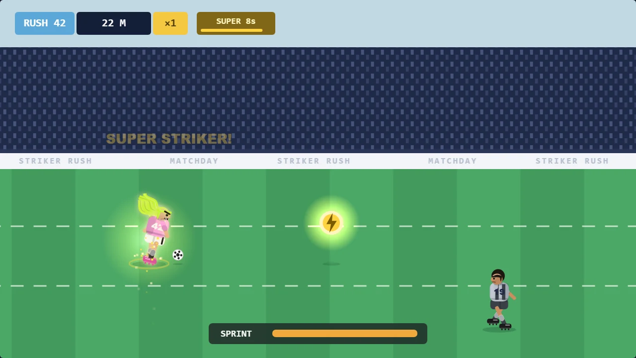 striker rush gameplay — a transformed, red-kitted striker charges down the pitch wrapped in a golden aura