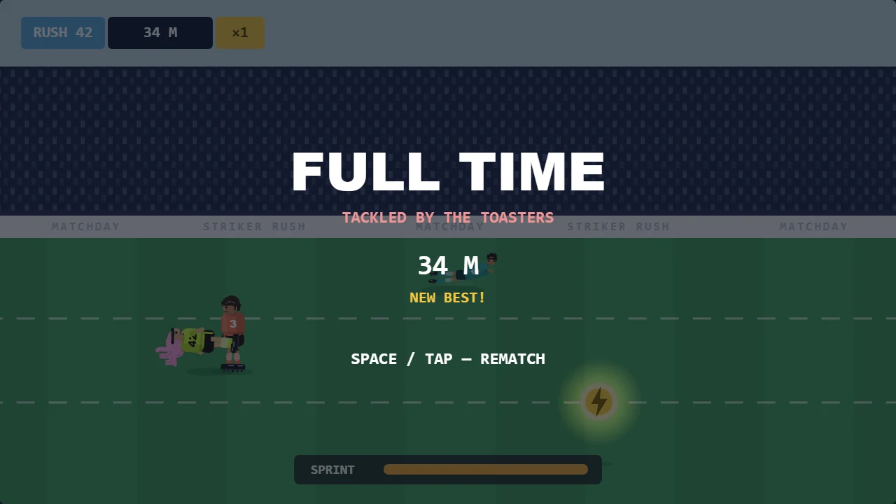 full time screen — tackled by the toasters, showing a new best of 34 metres