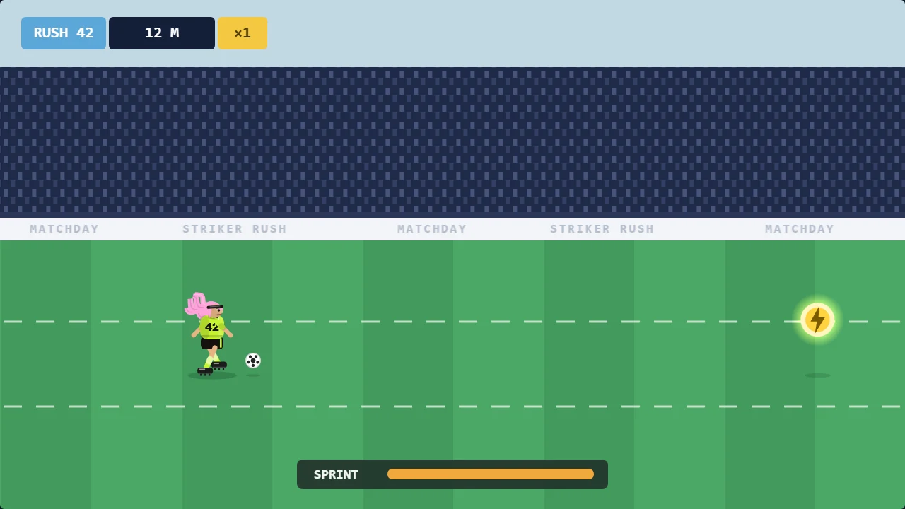 normal gameplay — the striker in the acid-lime kit dribbles down the middle lane toward a walking defender