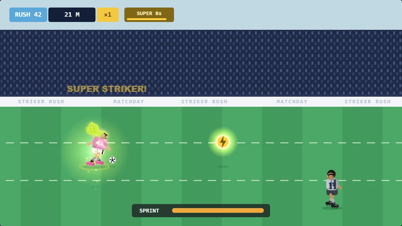 super mode — the striker transformed into his pink-kitted rampage form, golden aura around him, a SUPER timer counting down in the HUD